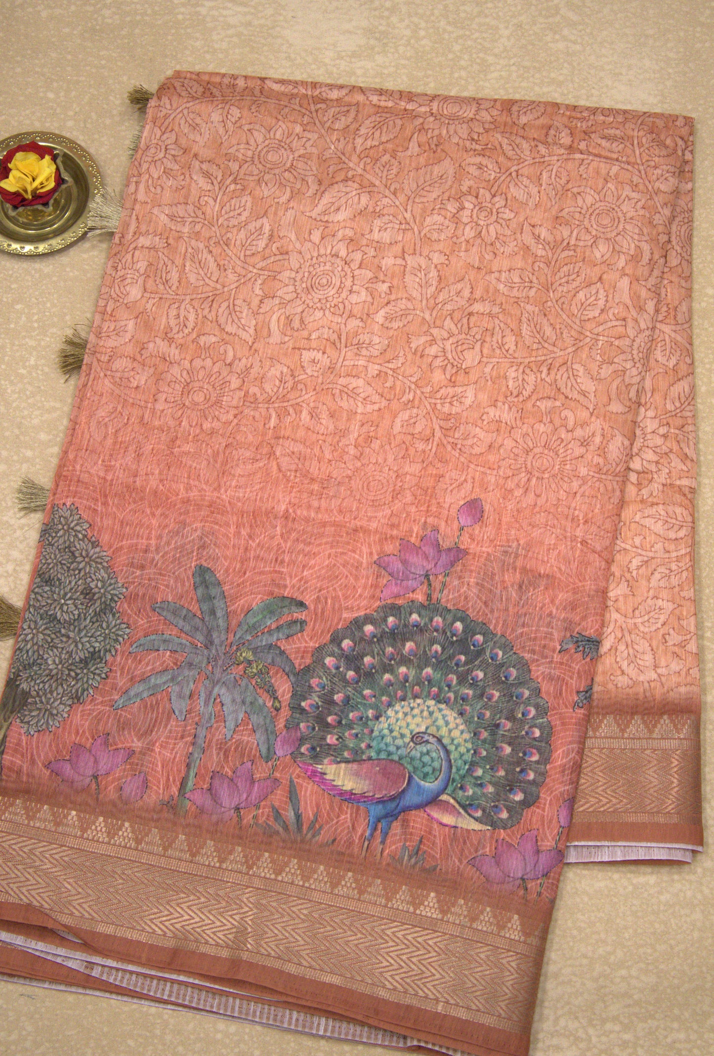 Semi Chanderi Saree Peacock Print-Orange