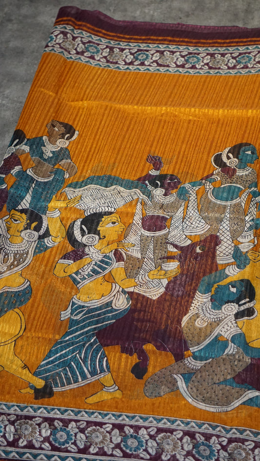 Jute Cotton Saree Kalamkari Print Mustard Yellow