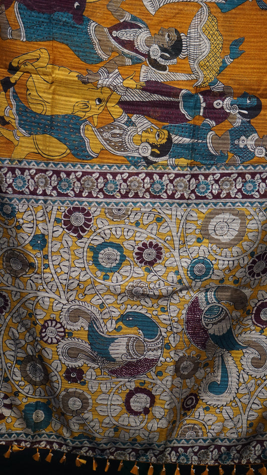 Jute Cotton Saree Kalamkari Print Mustard Yellow