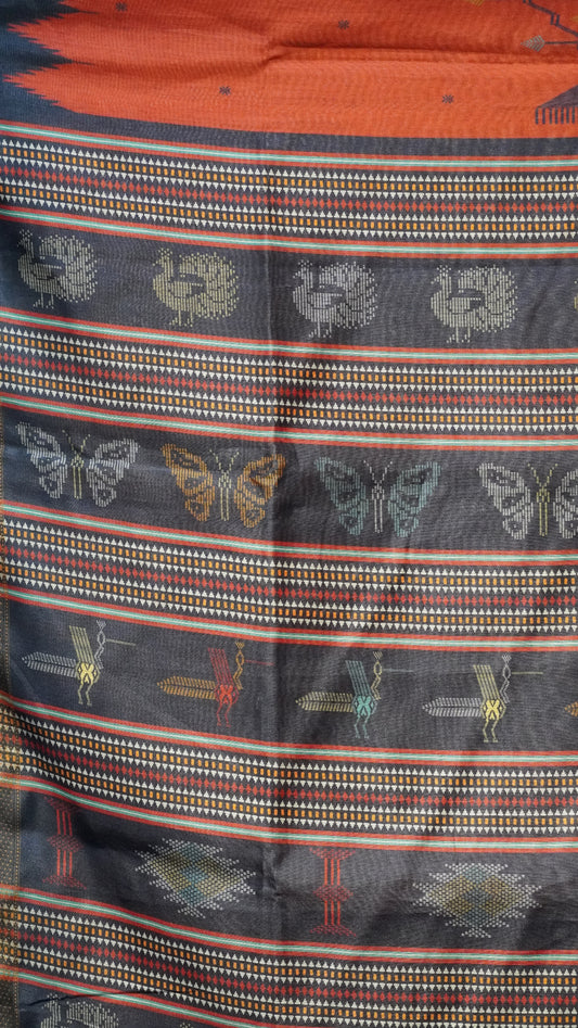 Gicha Tussar Saree Red - Navy Blue