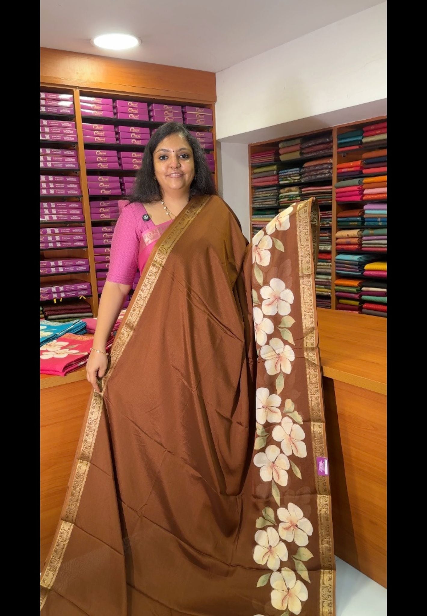 Art Mangalgiri Silk Saree-Brown with Floral Print