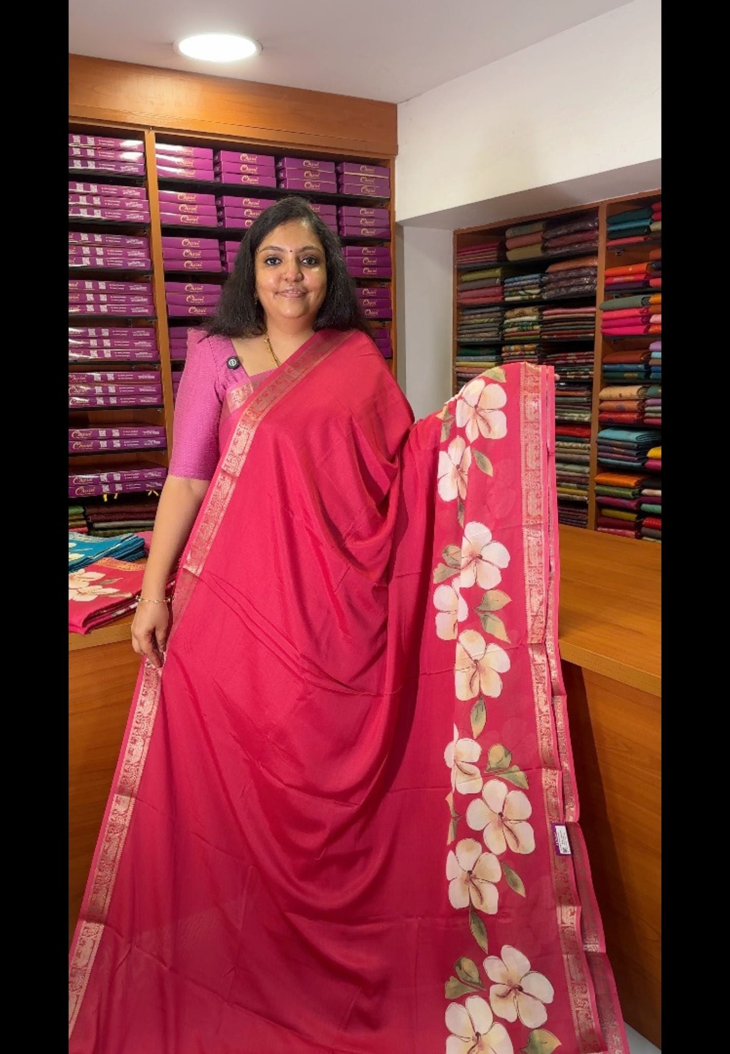 Art Mangalgiri Silk Saree-Rani Pink with Floral Print