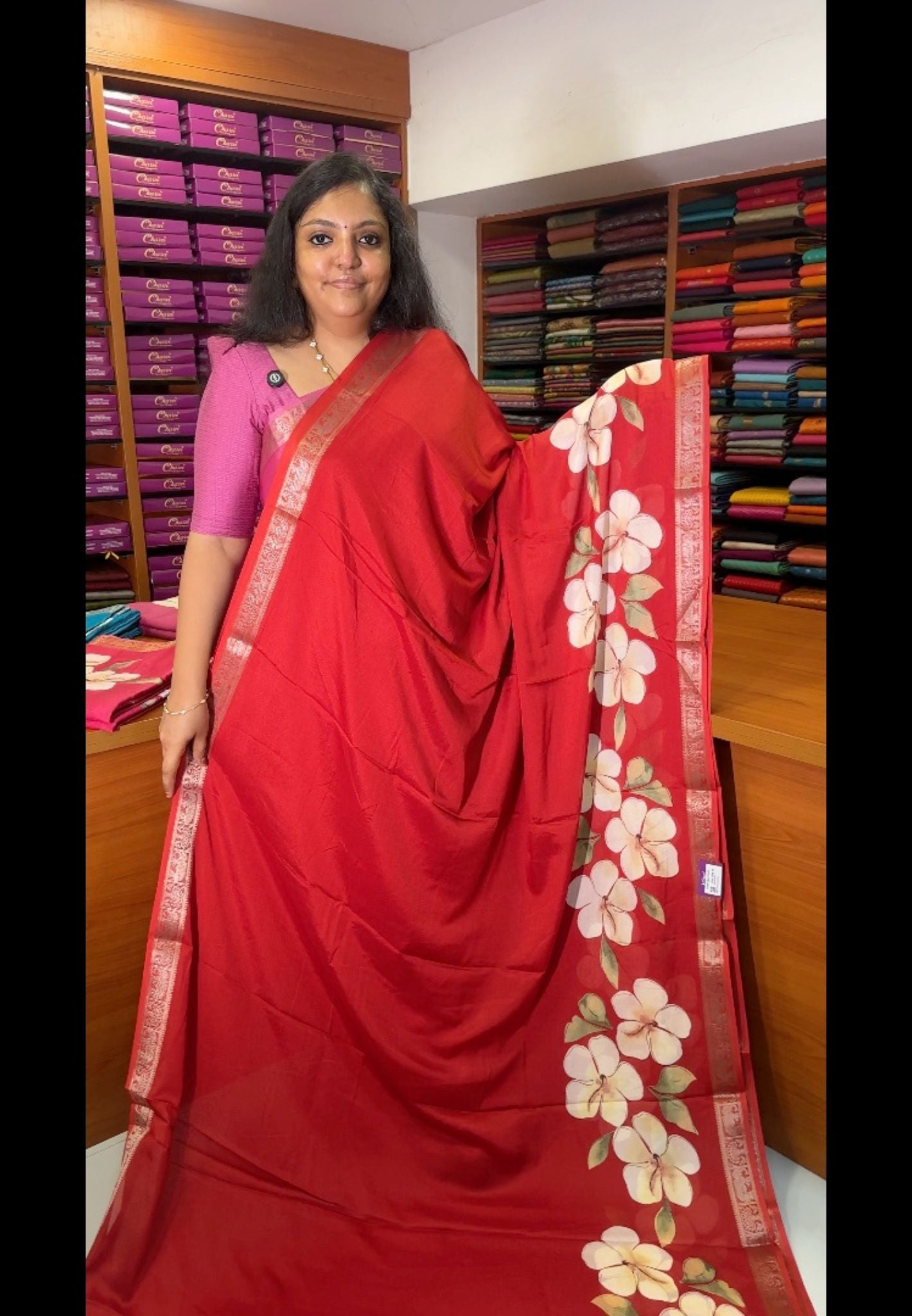 Art Mangalgiri Silk Saree-Red with Floral Print