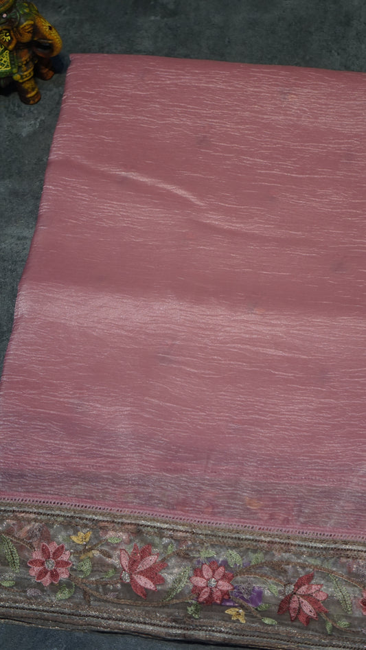 Semi Tussar Saree Crushed With Tissue Border Pink
