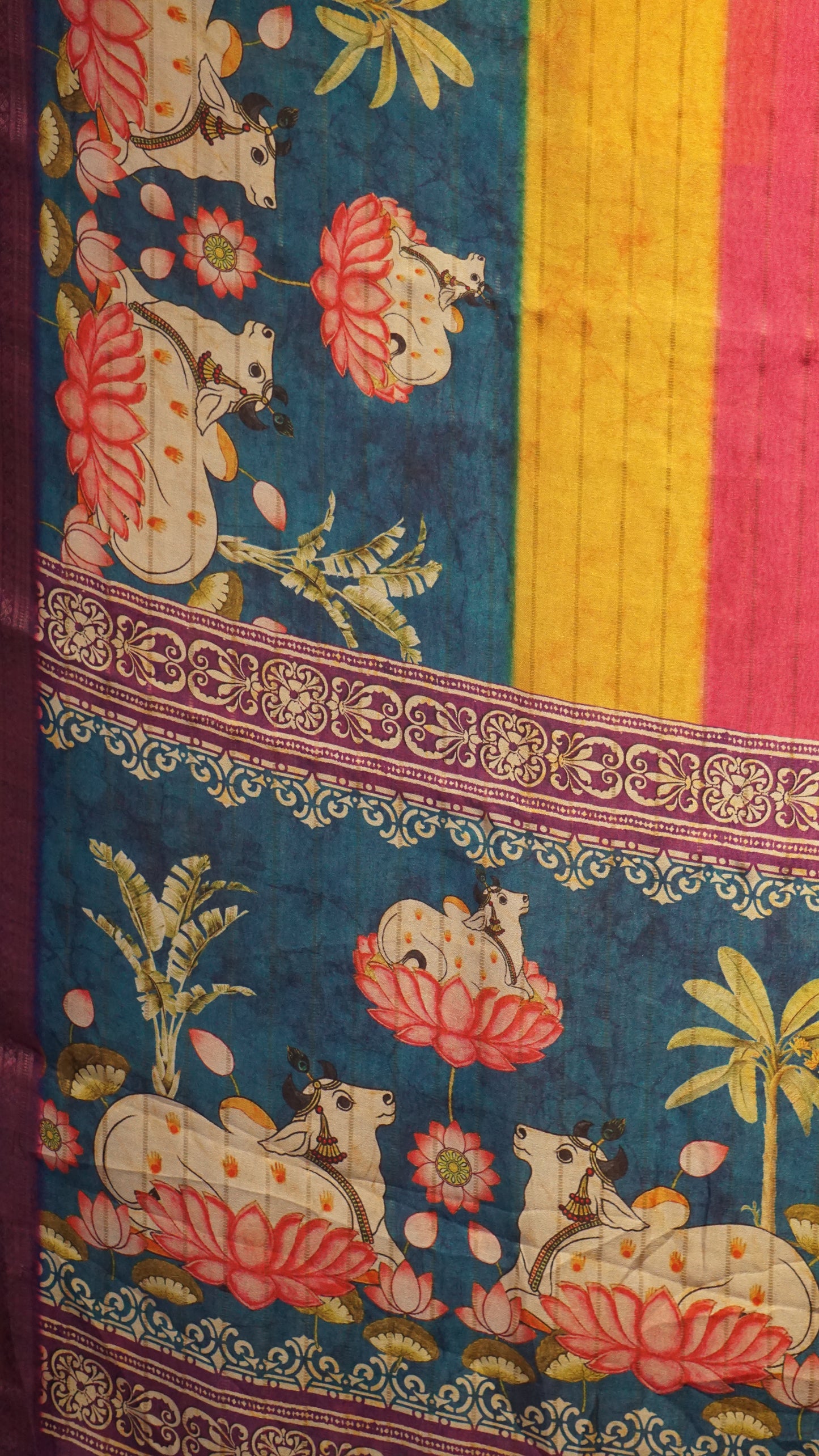 Shiffon Saree Pichwai Print Teal Blue