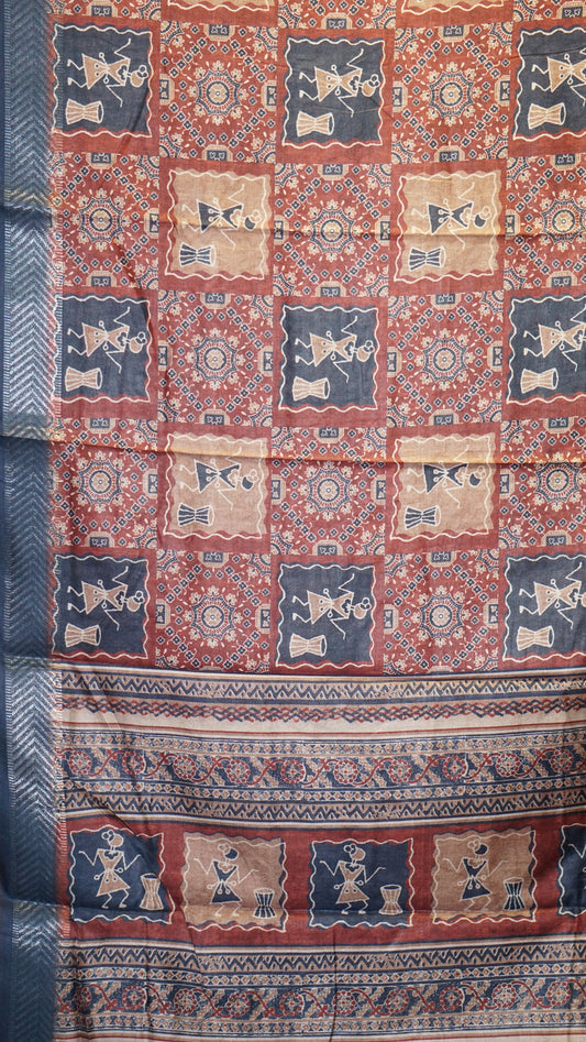 Semi Printed Silk Ajrak Print Brick Red - Navy Blue
