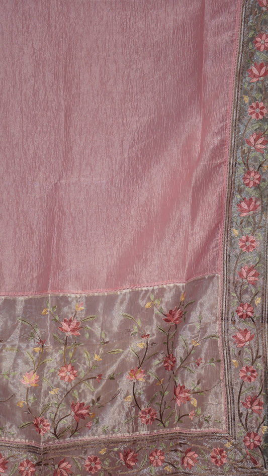 Semi Tussar Saree Crushed With Tissue Border Pink