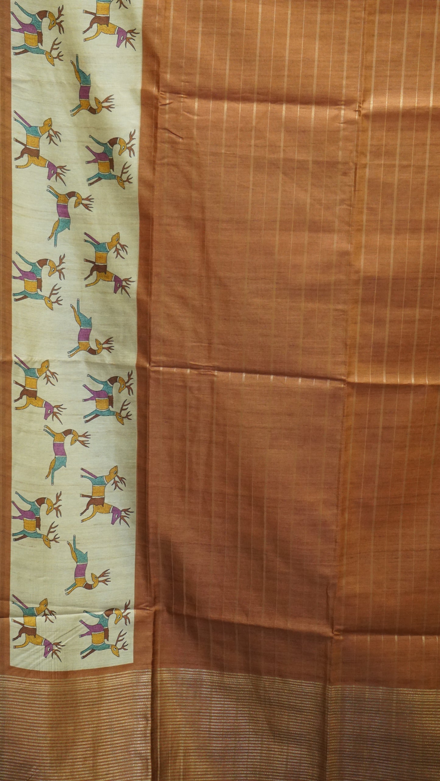 Semi Tussar Saree With Deer Border - Brown
