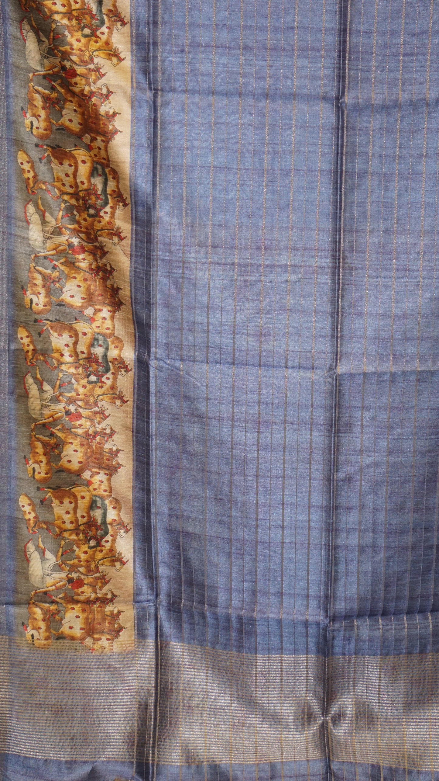 Semi Tussar Saree With Pichwai Border - Blue