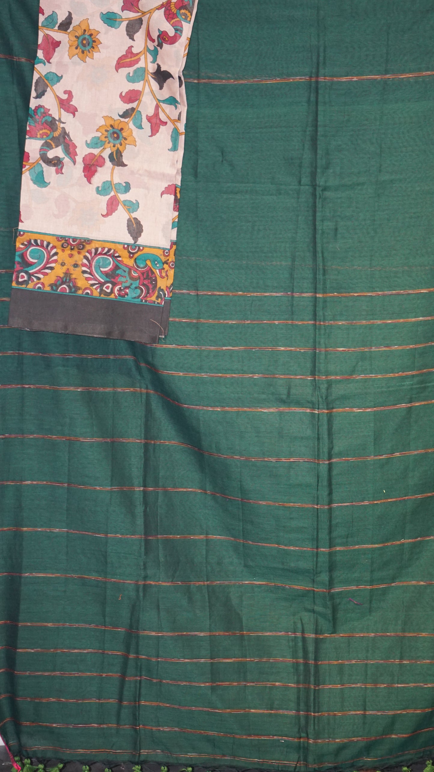 Handloom Cotton Saree Bottle Green