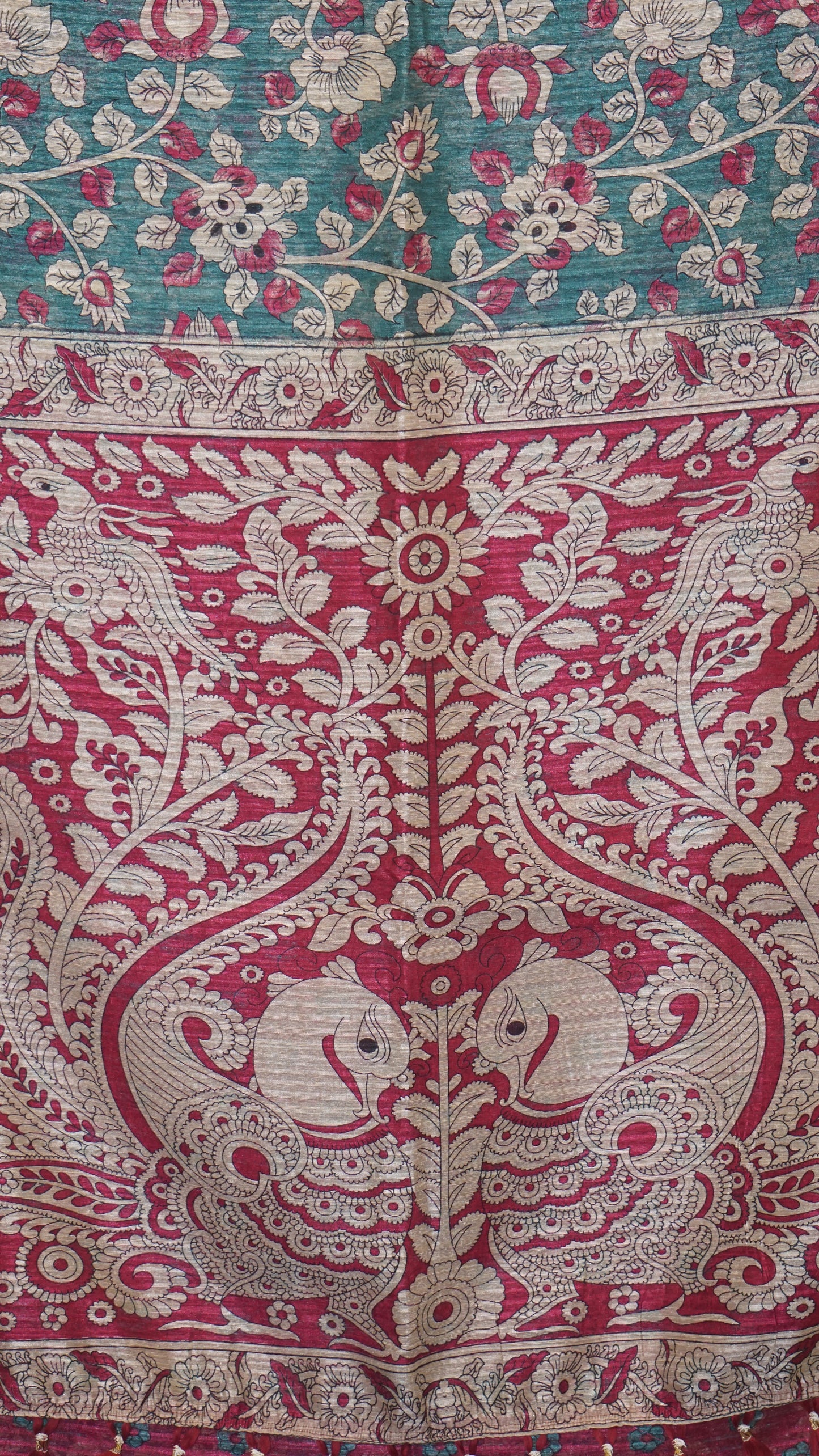 Jute Cotton Saree Kalamkari Print - Peacock Blue