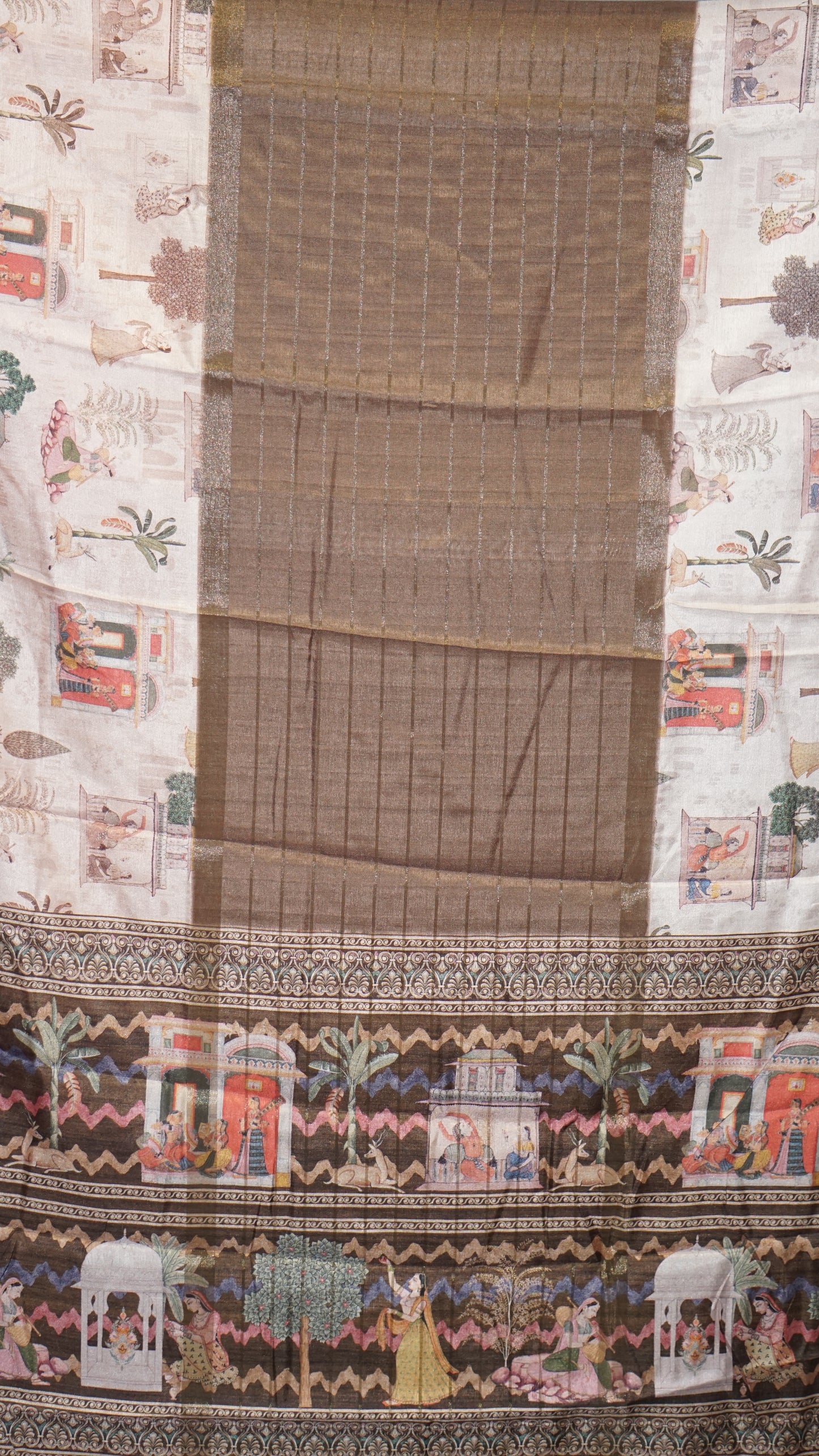 Semi Printed Silk Saree - Olive Green