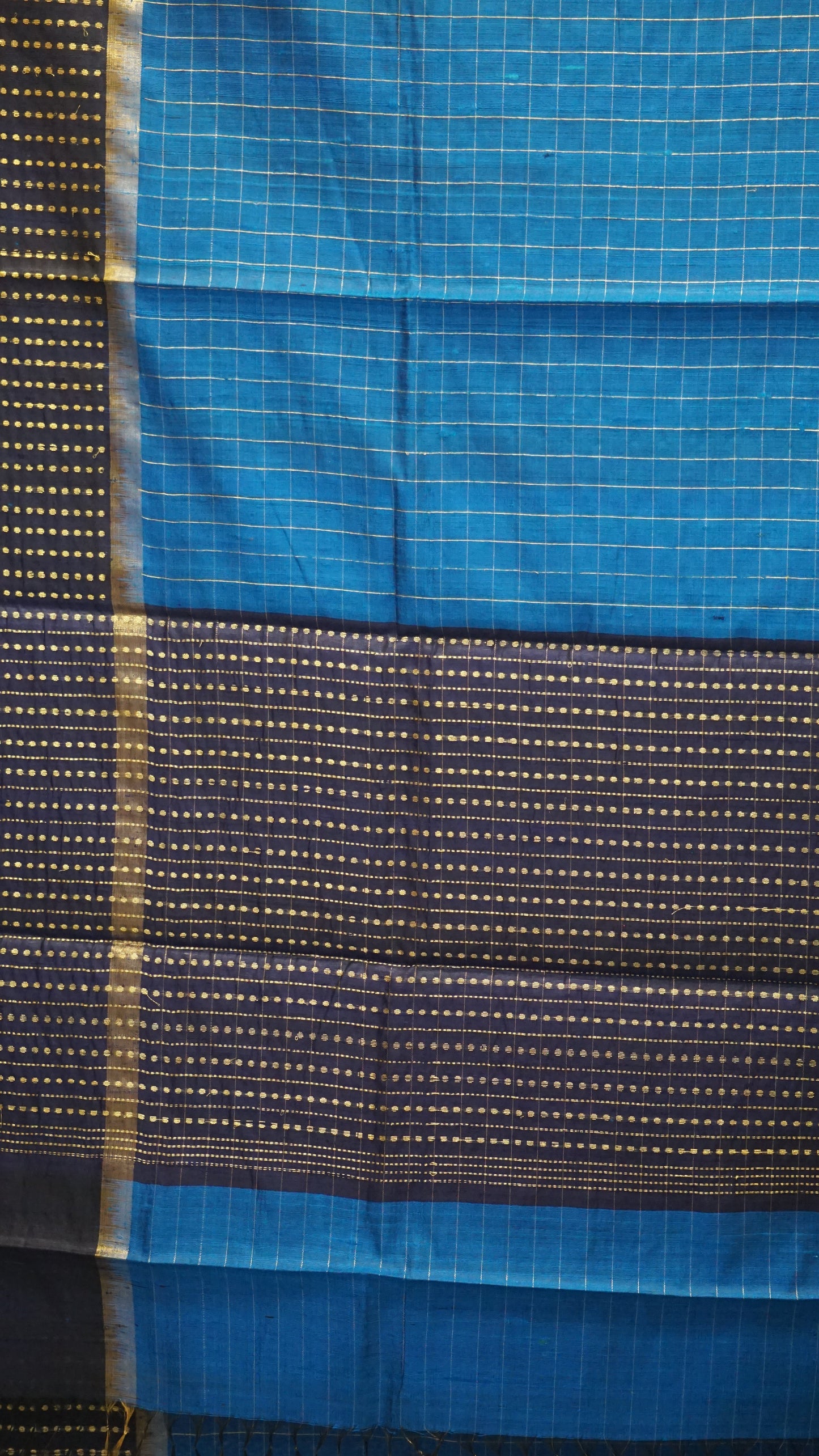 Pure Dupion Silk Saree Checks - Peacock Blue with Navy Blue Border