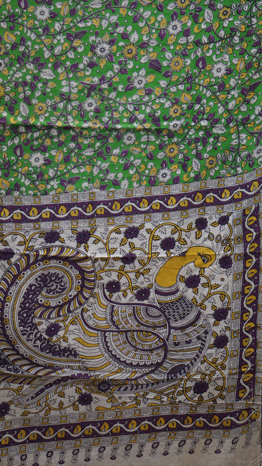 Kalamkari Saree Cotton - Green With Purple Border