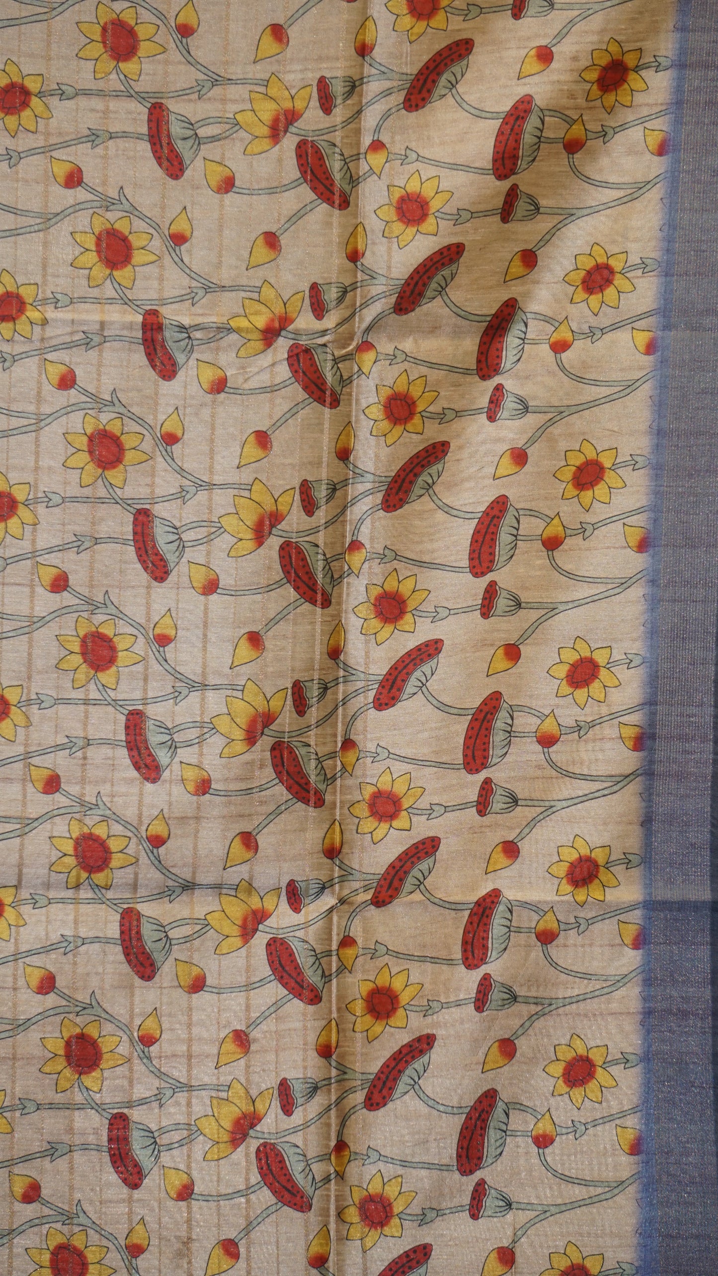 Semi Tussar Saree With Pichwai Border - Blue