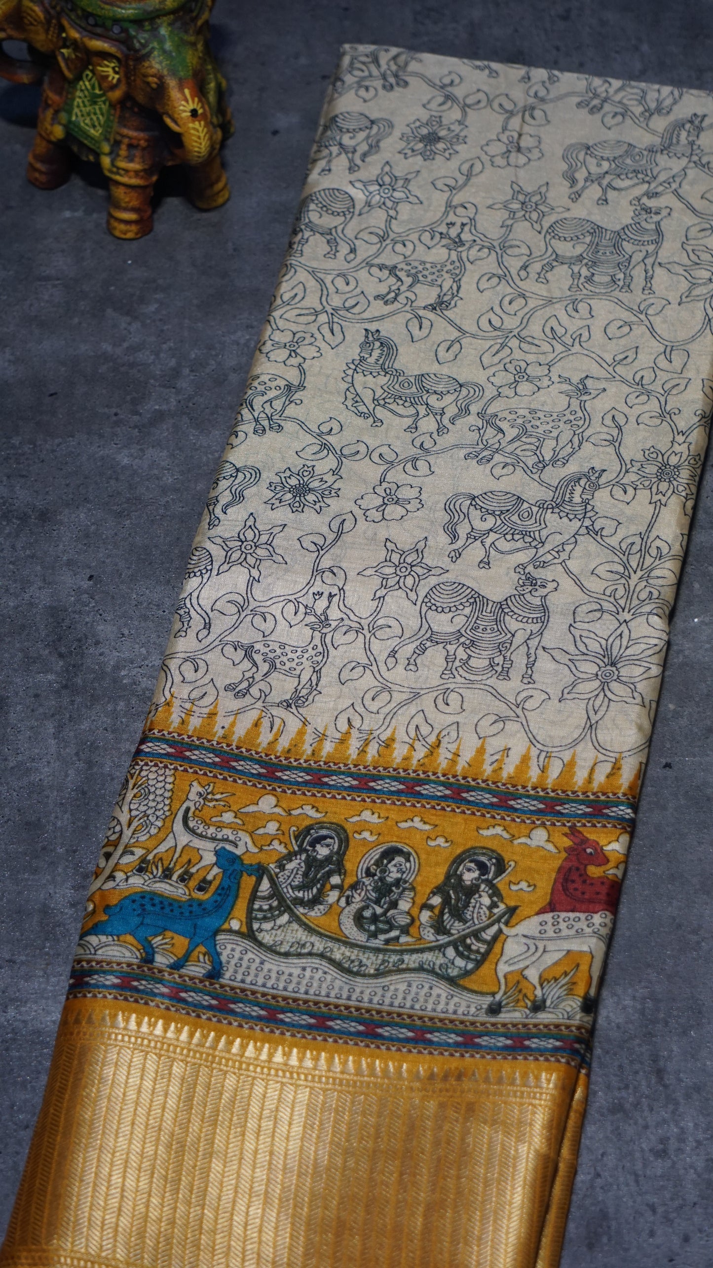 Dola Silk Kalamkari Print Yellow Border