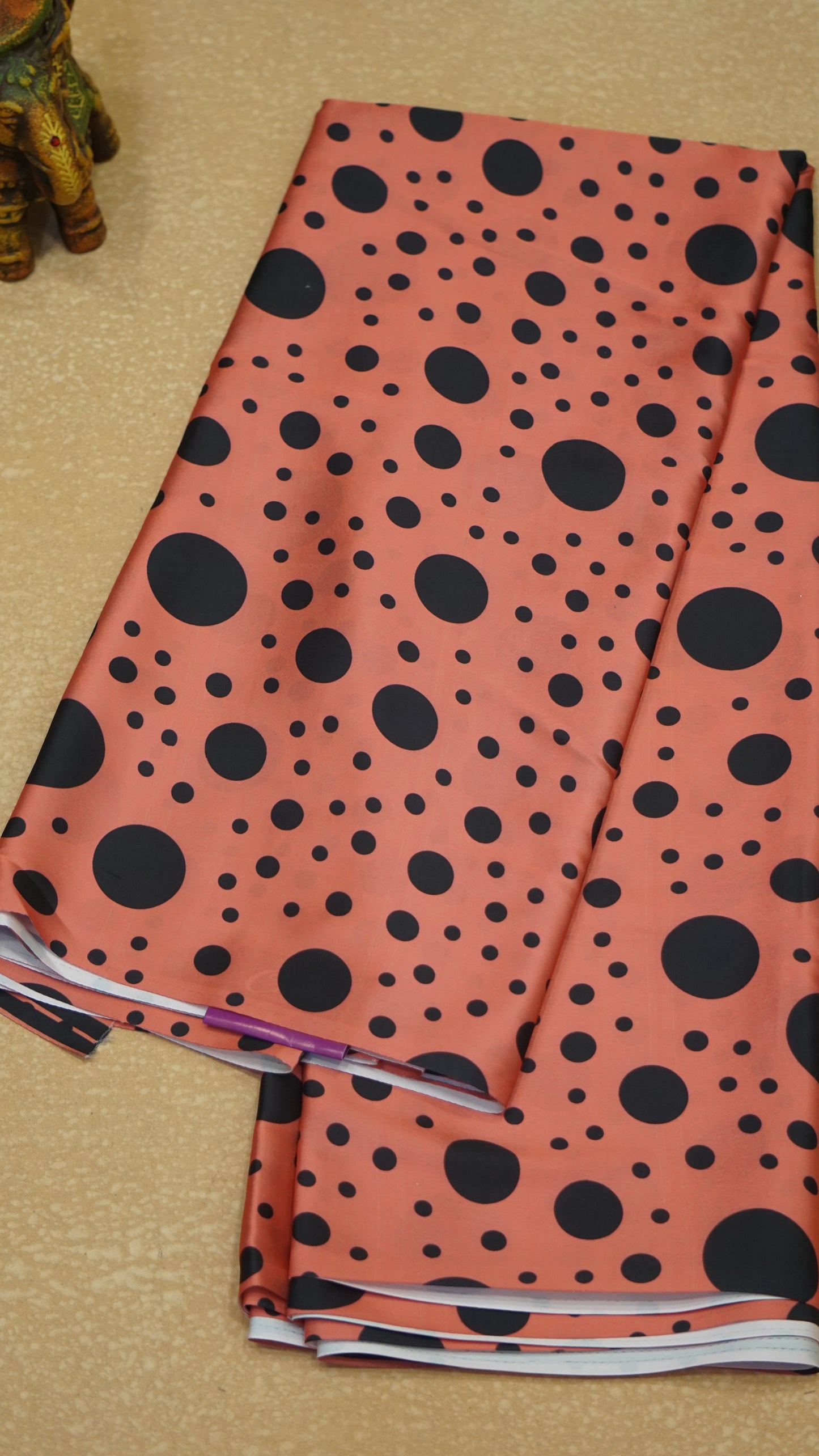 Modal Satin Saree - Peach With Black Polka Dots