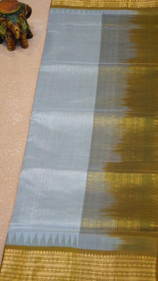 Silk Cotton Saree - Grey & Mustard Yellow
