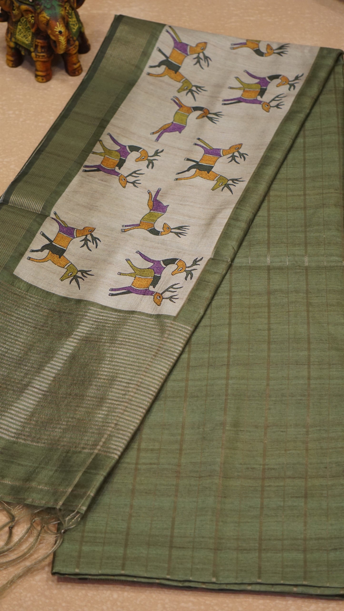 Semi Tussar Saree With Deer Border - Green