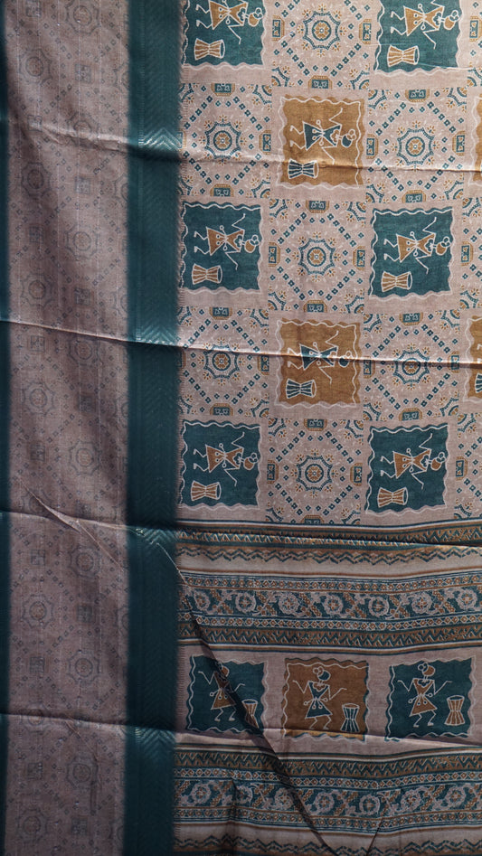 Semi Printed Silk Ajrak Print Sandal - Teal Green