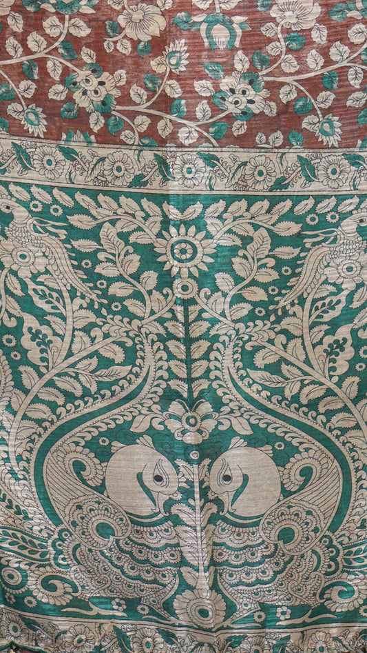 Jute Cotton Saree Kalamkari Print - Brown