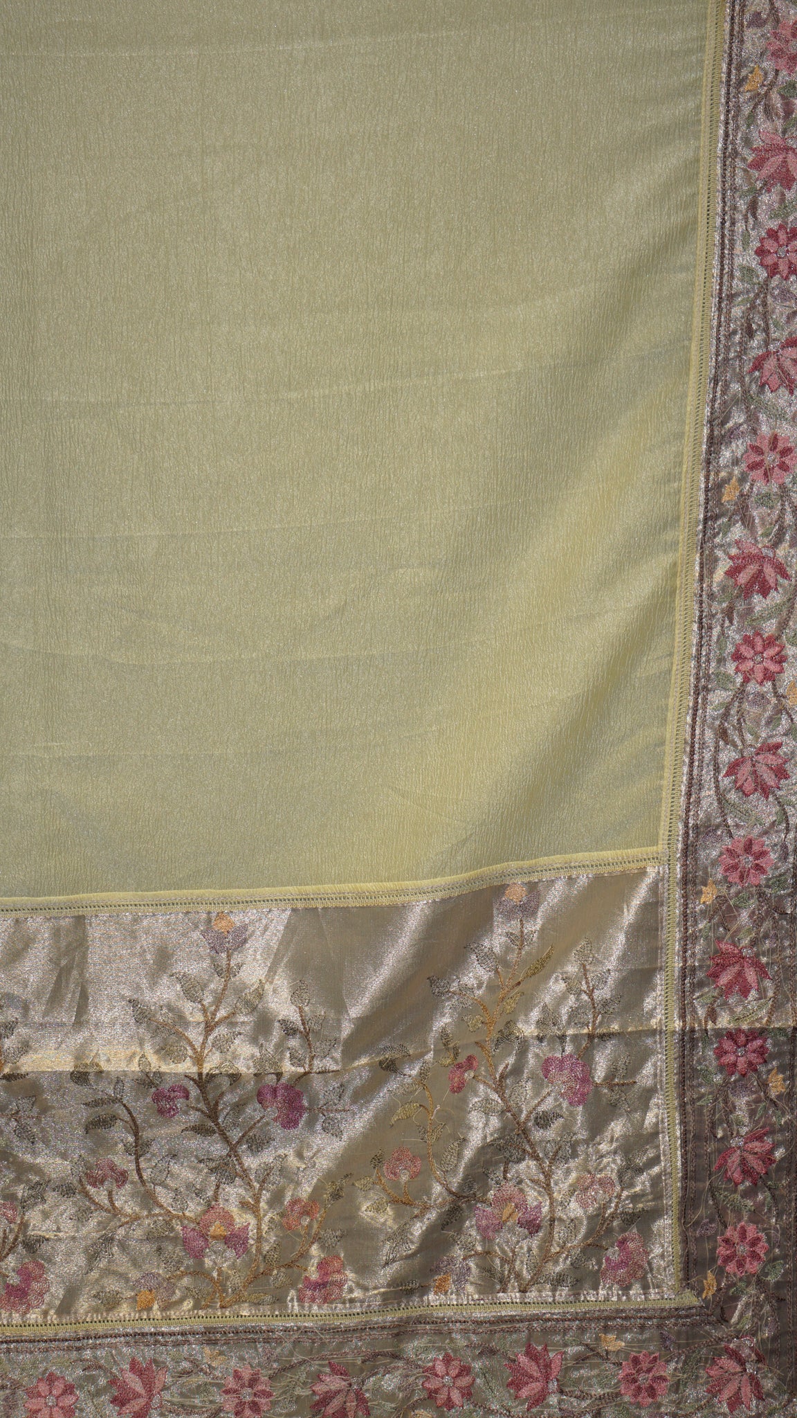 Semi Tussar Saree Crushed With Tissue Border Lime Yellow