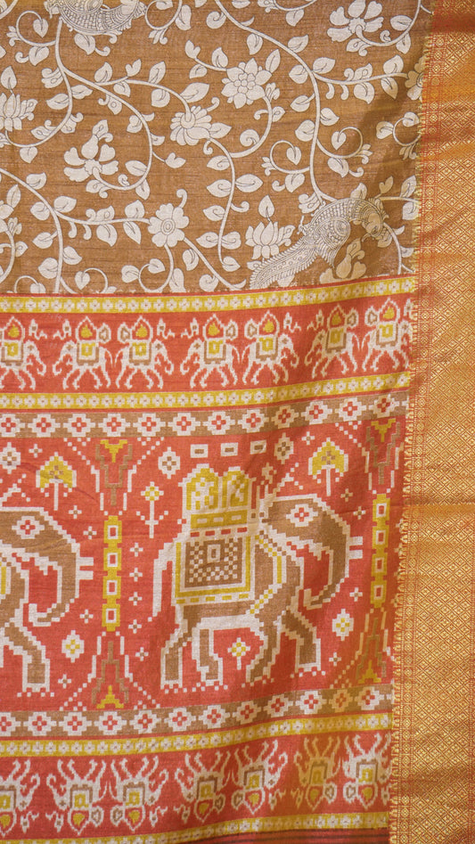Semi Pattola Saree Kalamkari Print - Beige