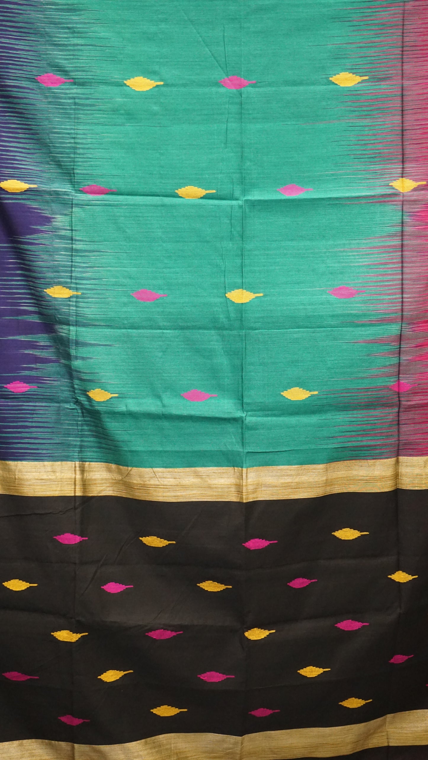 Handloom Cotton Saree - Green and Blue Blend & Black