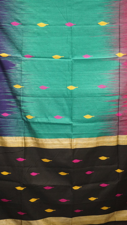 Handloom Cotton Saree - Green and Blue Blend & Black