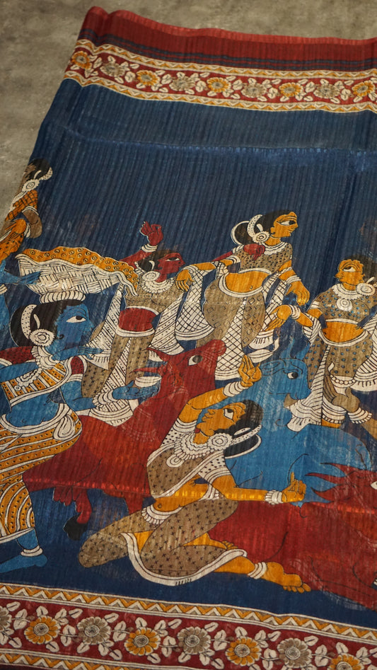 Jute Cotton Saree Kalamkari Print Blue