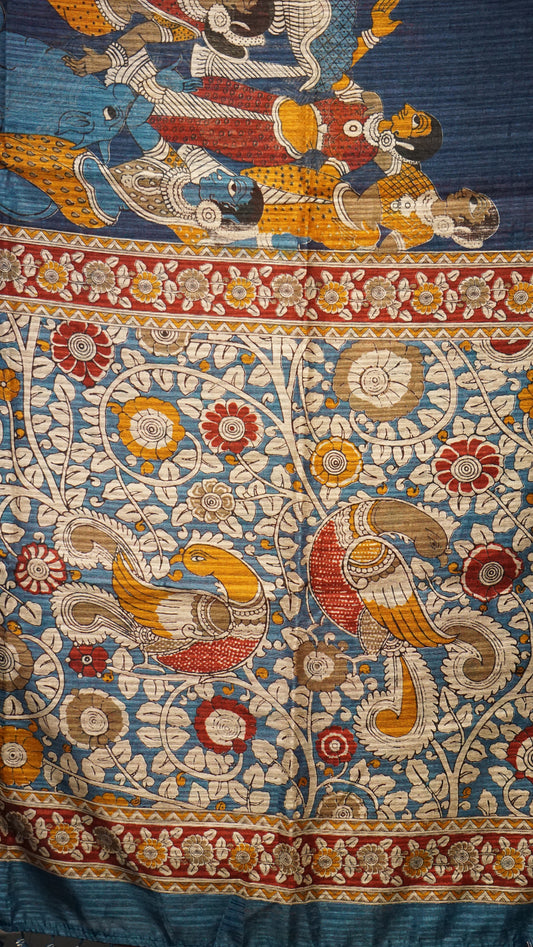 Jute Cotton Saree Kalamkari Print Blue