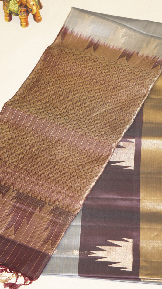 Pure Soft Silk Saree Temple Border - Grey and Wine Border