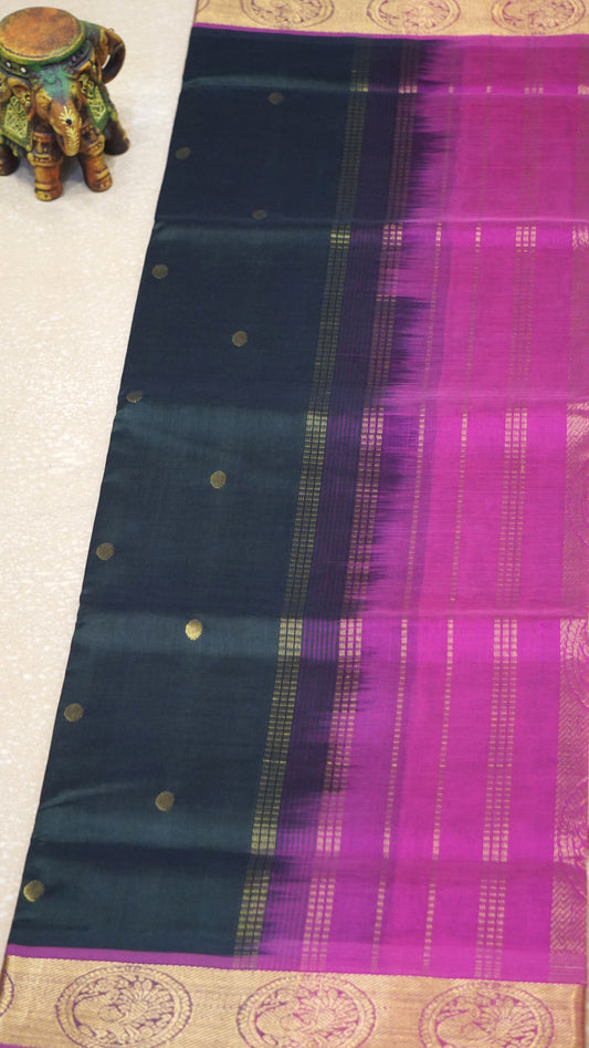 Silk Cotton Saree - Green & Dark Pink