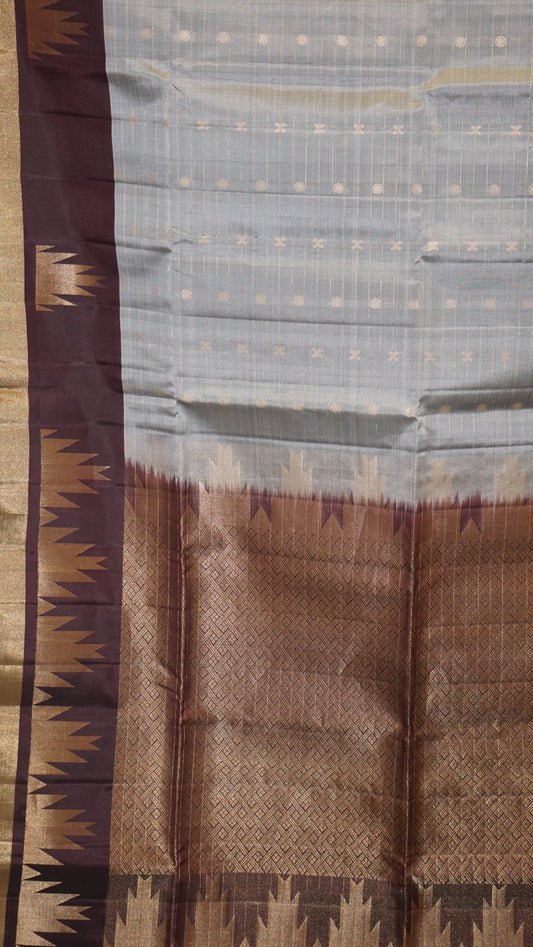 Pure Soft Silk Saree Temple Border - Grey and Wine Border