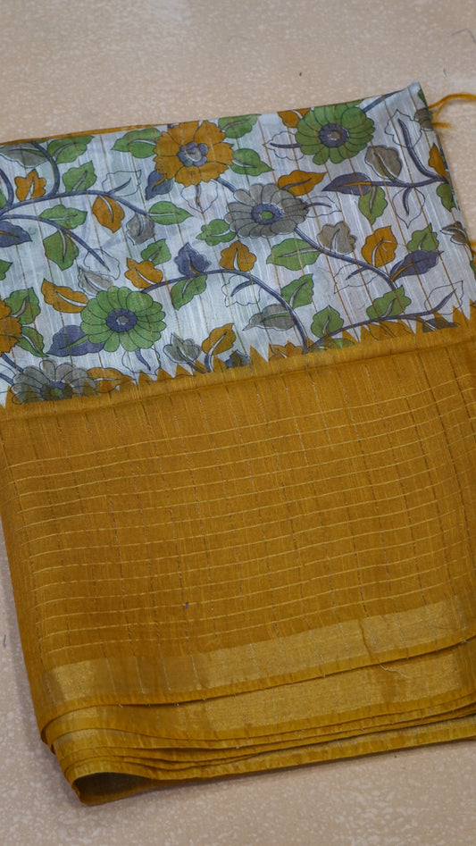 Bhagalpur Tussar Saree Kalamkari Print - Mustard Yellow