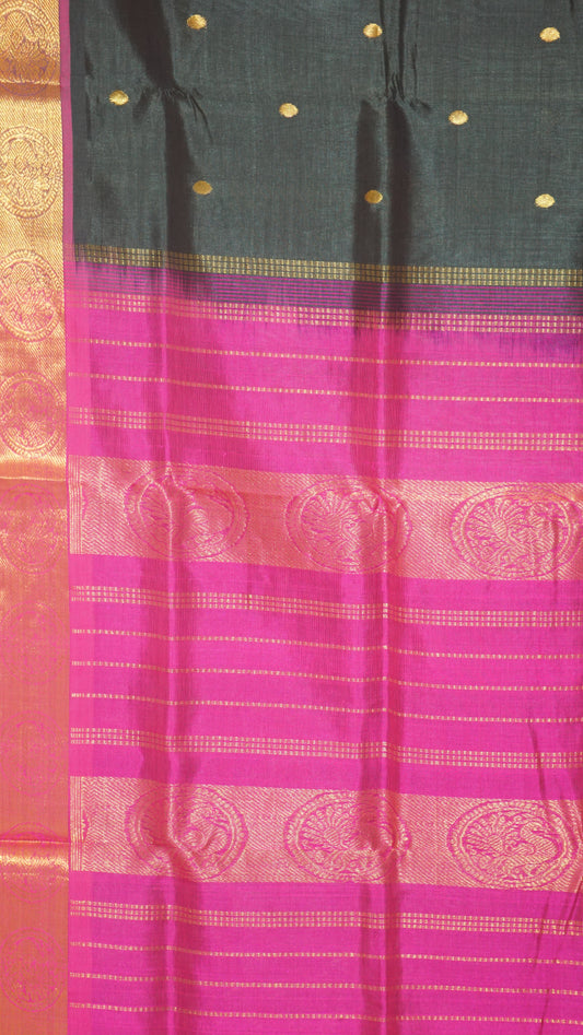 Silk Cotton Saree - Green & Dark Pink