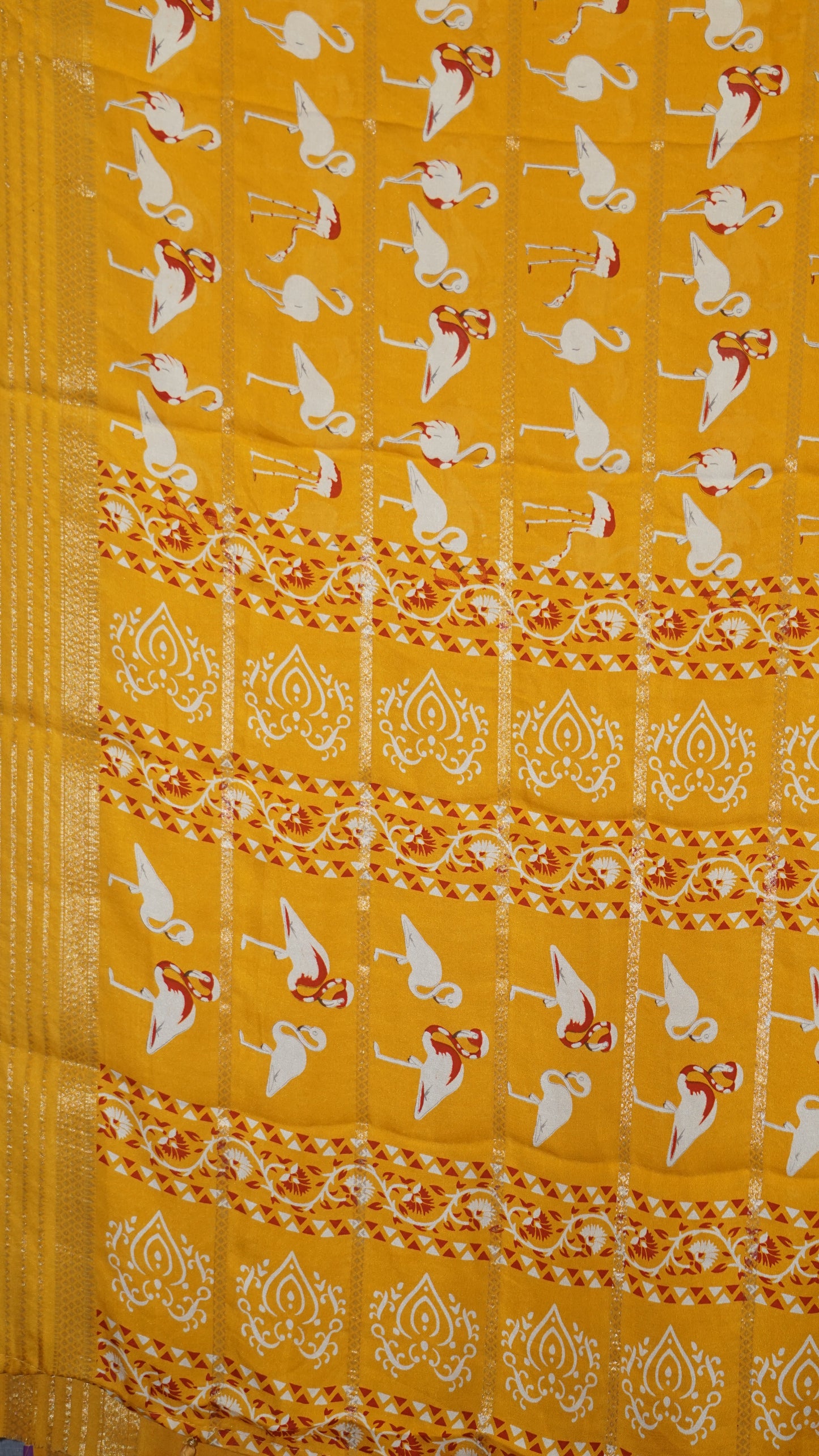 Shiffon Saree Flamingo Design - Mustard Yellow
