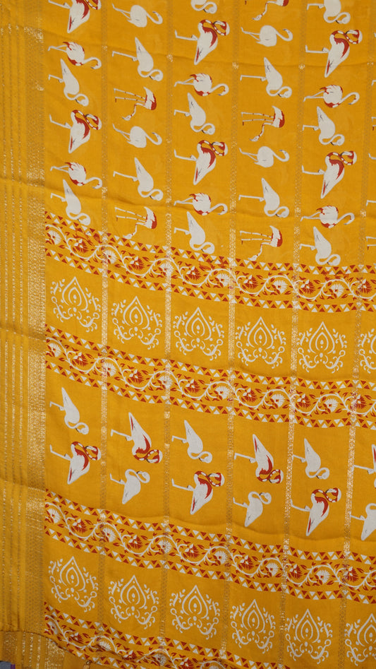 Shiffon Saree Flamingo Design - Mustard Yellow