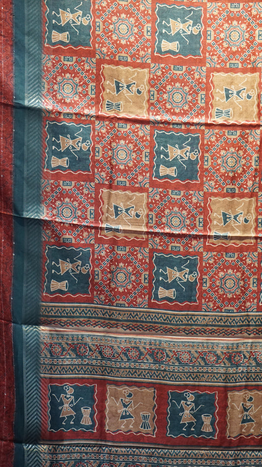 Semi Printed Silk Ajrak Print Maroon - Teal Blue