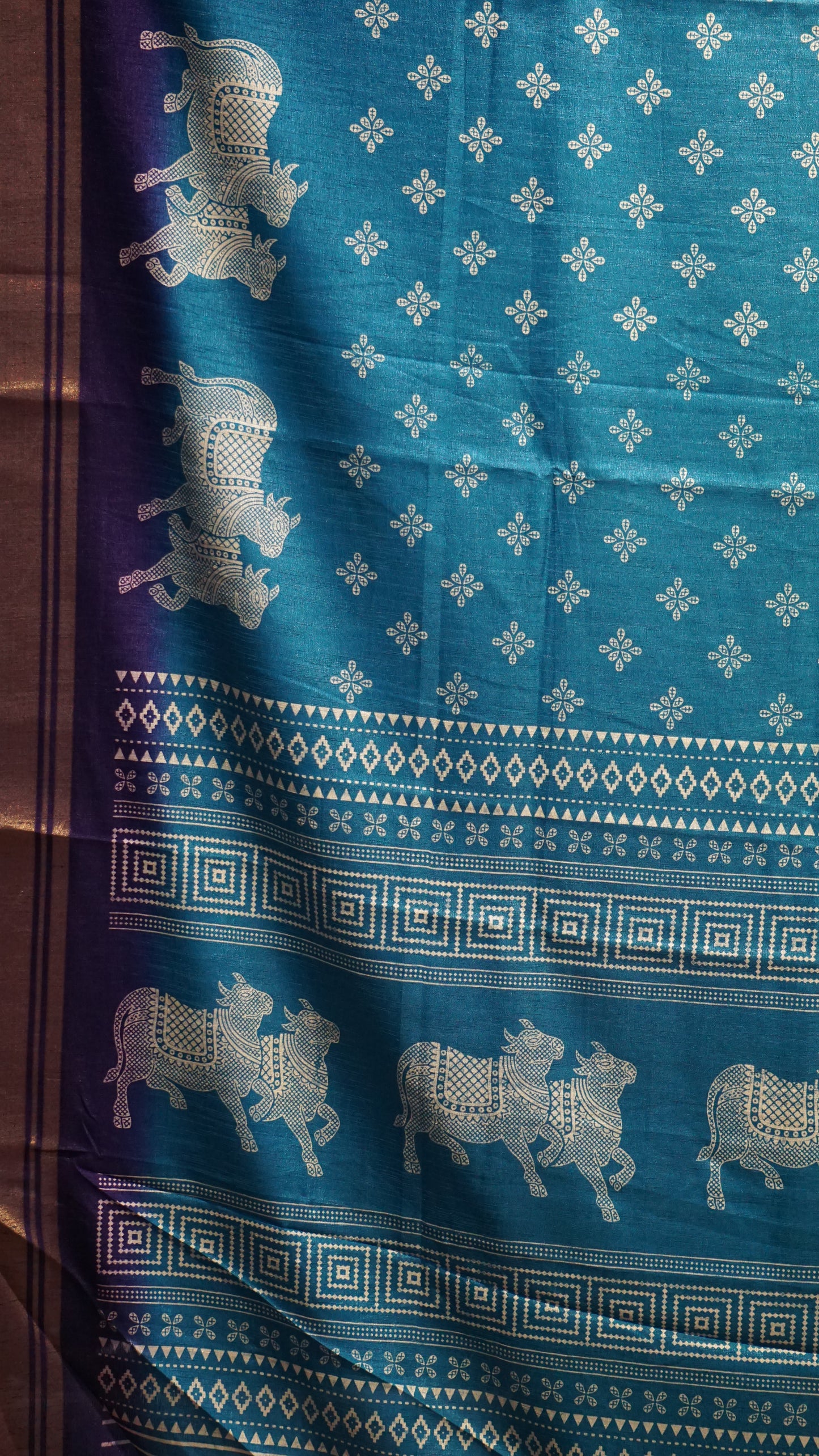 Shiffon Saree Cow Print Teal Blue - Violet