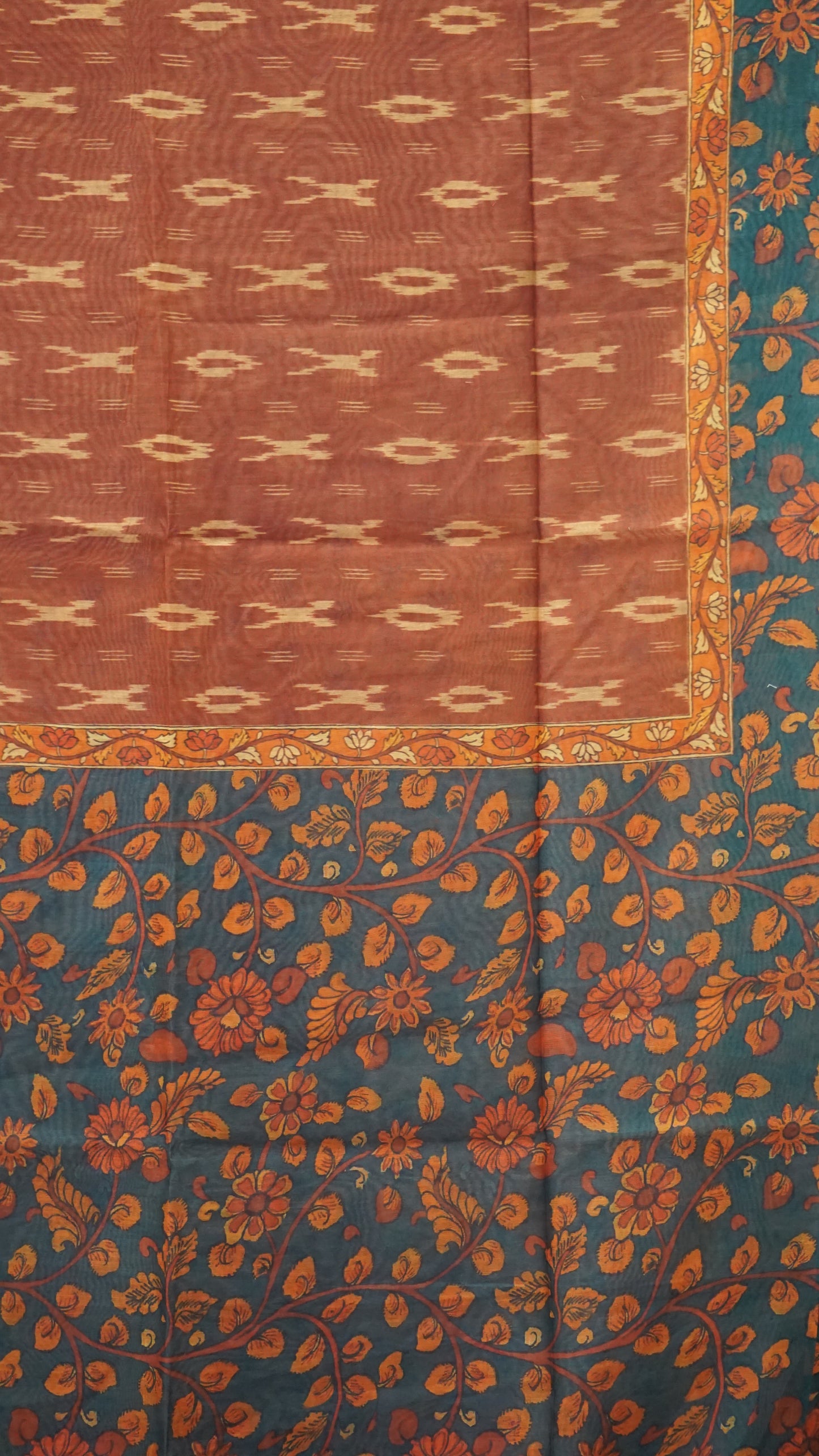 Chanderi Saree Ikkatkari Print - Maroon & Blue