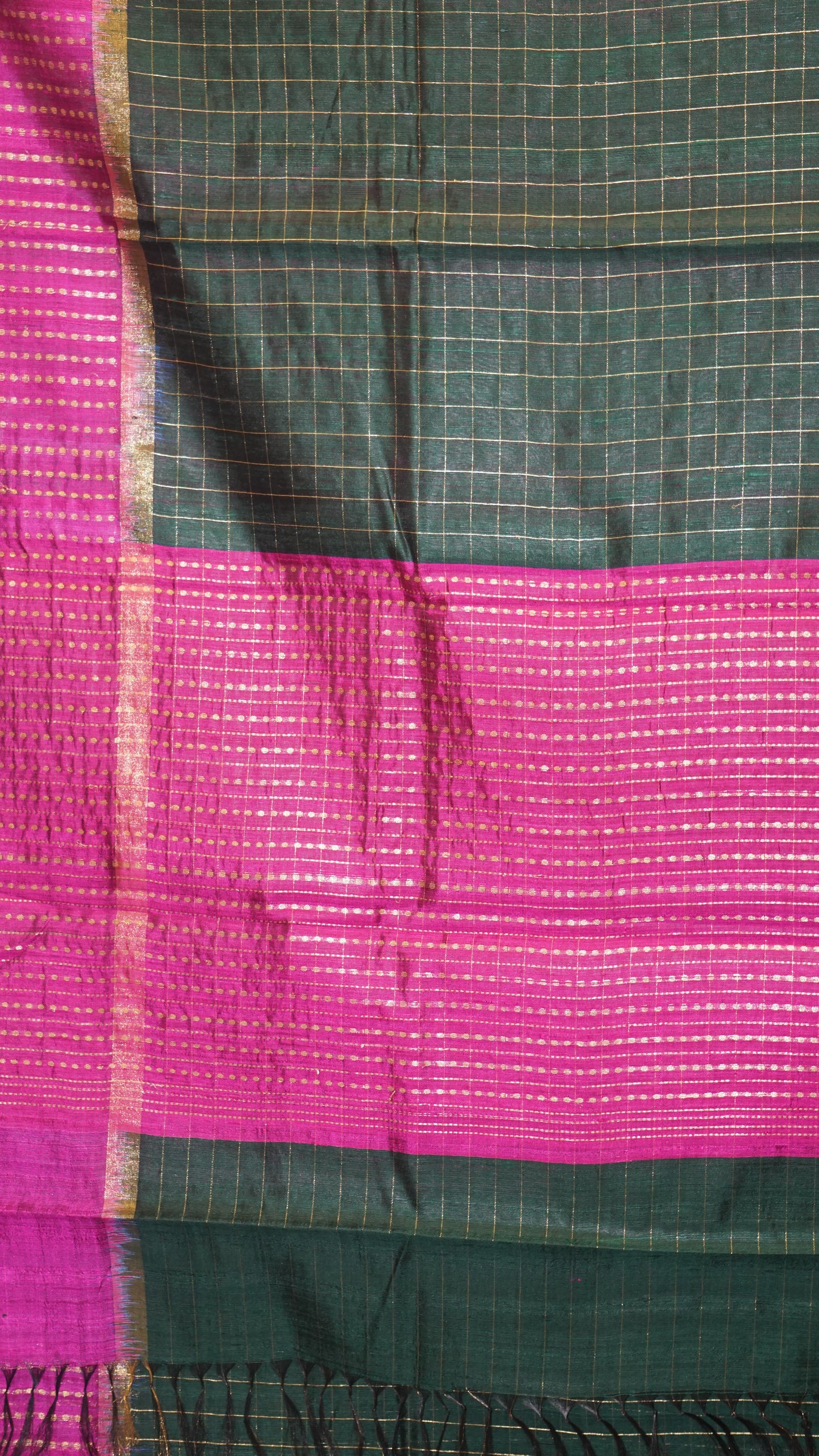Pure Dupion Silk Saree Checks - Green with Purple Border