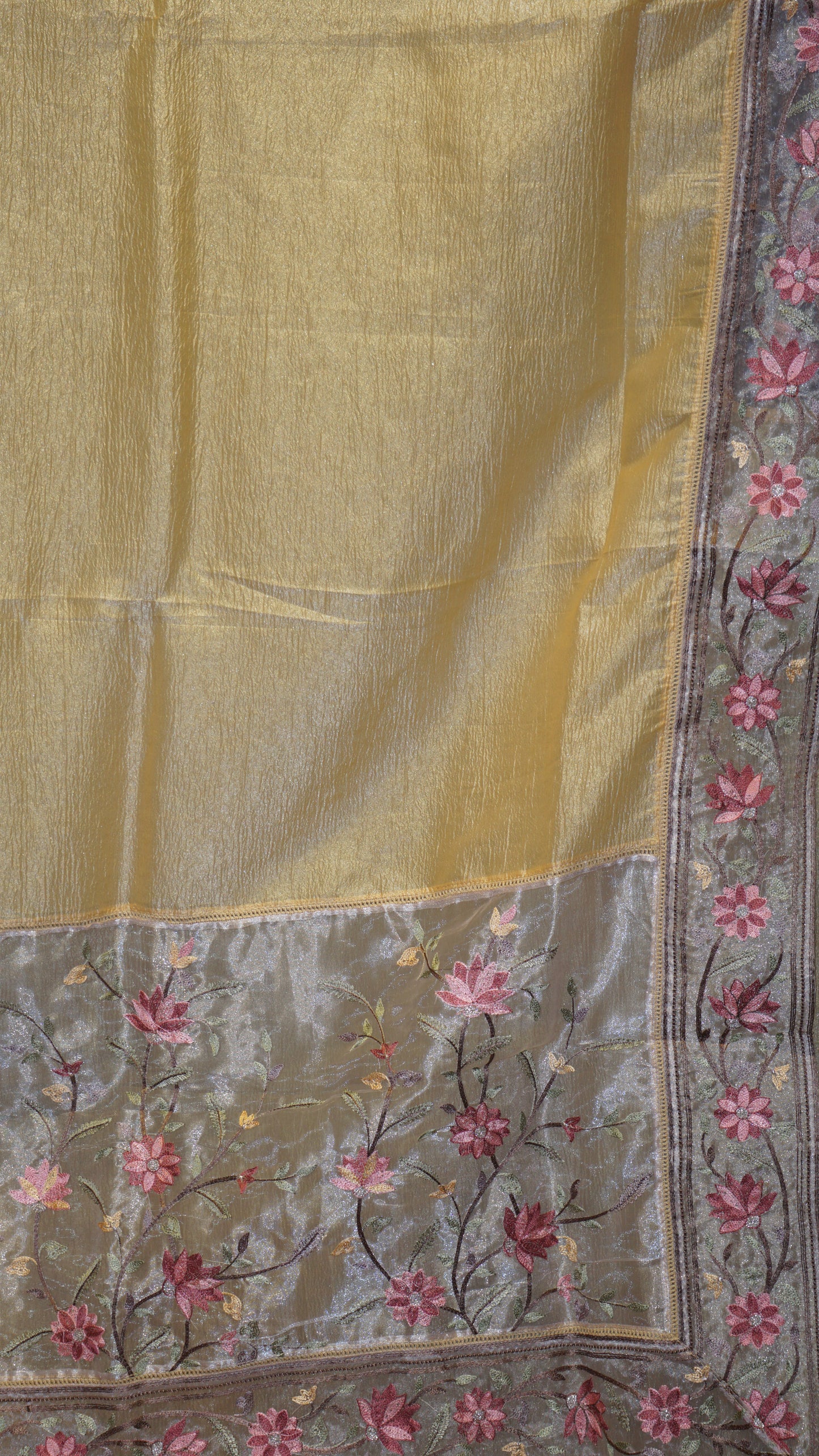 Semi Tussar Saree Crushed With Tissue Border Yellow