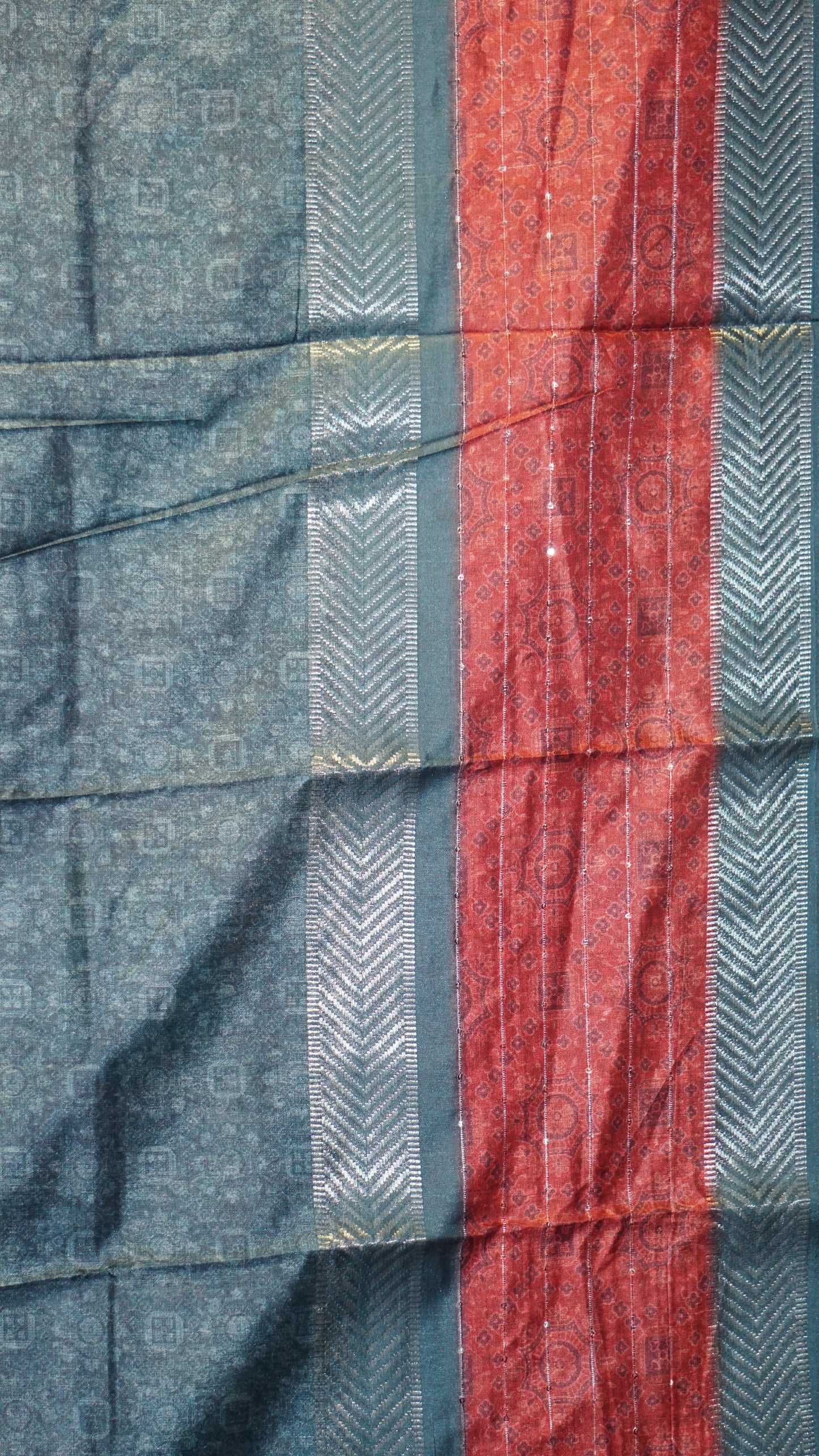 Semi Printed Silk Ajrak Print Maroon - Teal Blue