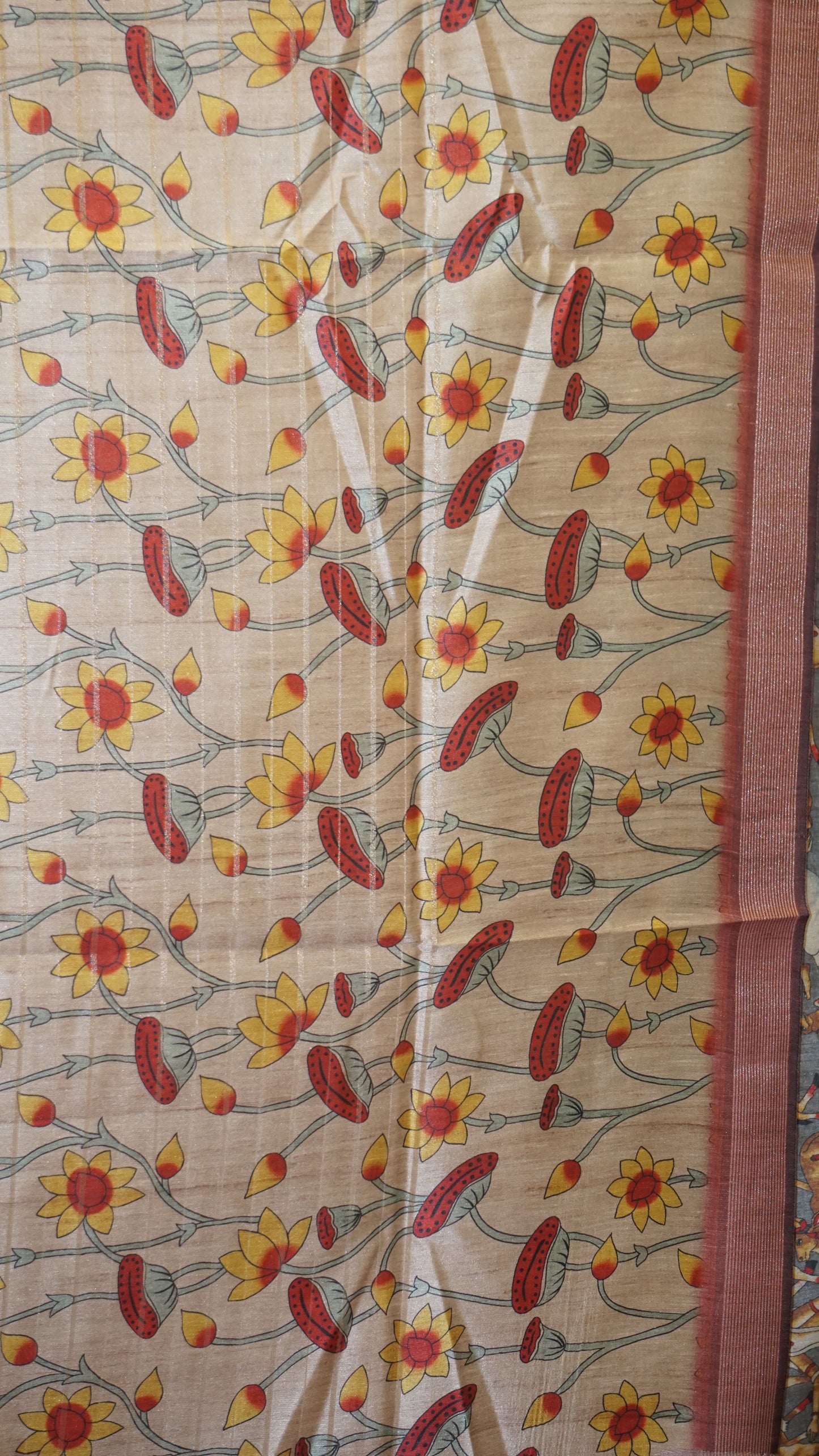 Semi Tussar Saree With Pichwai Border - Rust Red