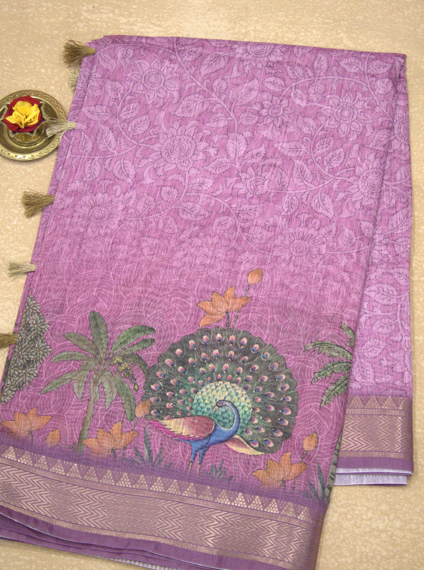 Semi Chanderi Saree Peacock Print-Pink