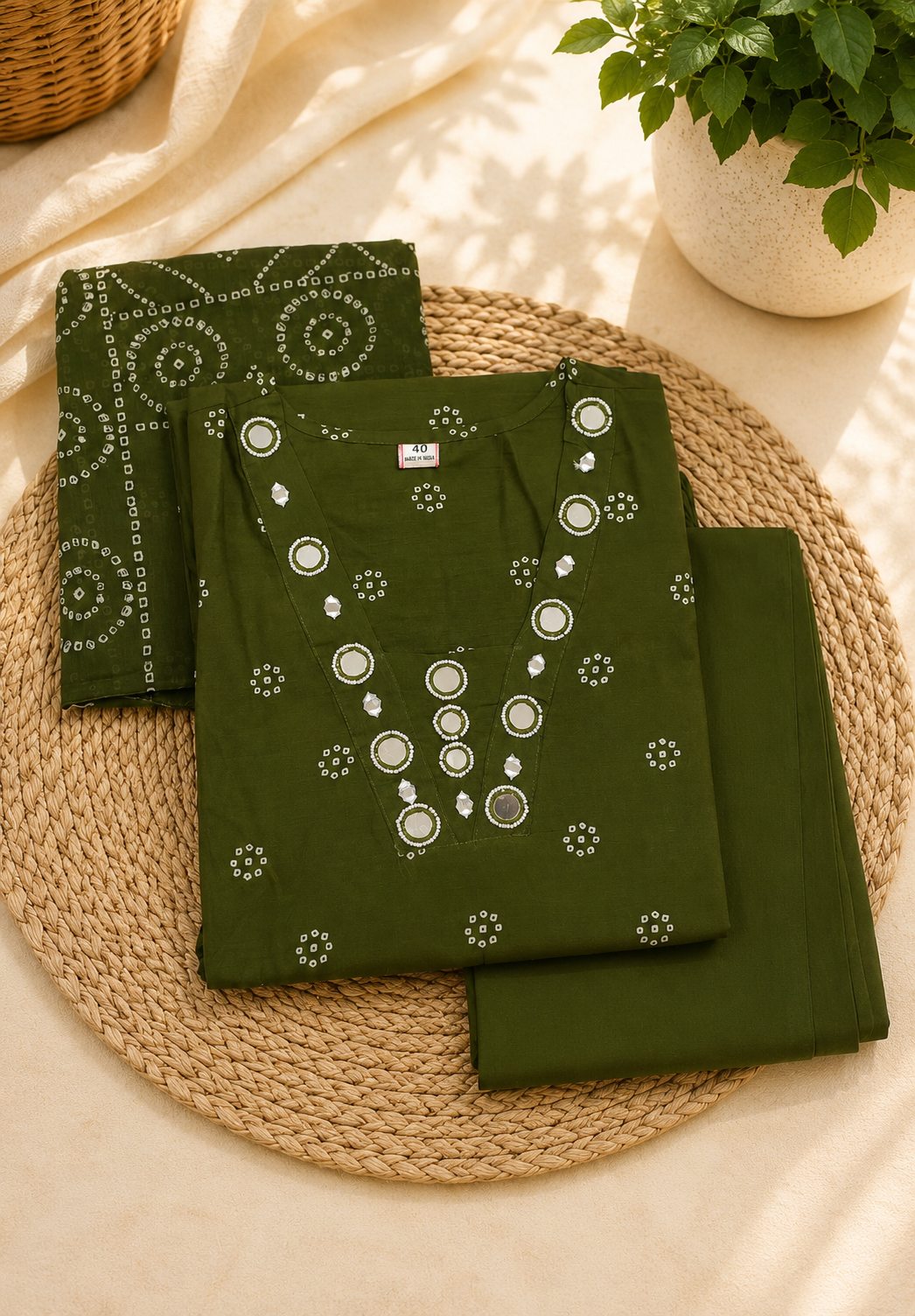3Pcs Cotton Salwar Suit with Mirror Work
