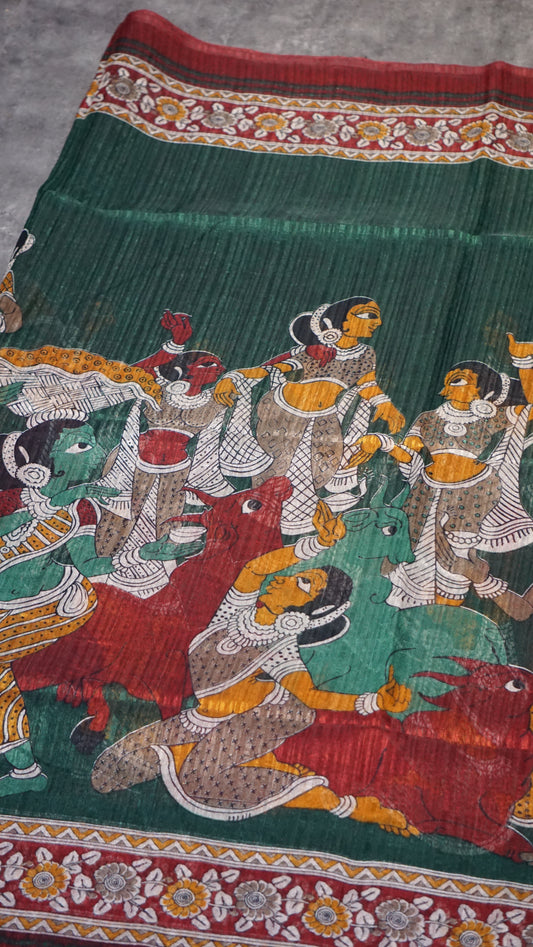 Jute Cotton Saree Kalamkari Print Green