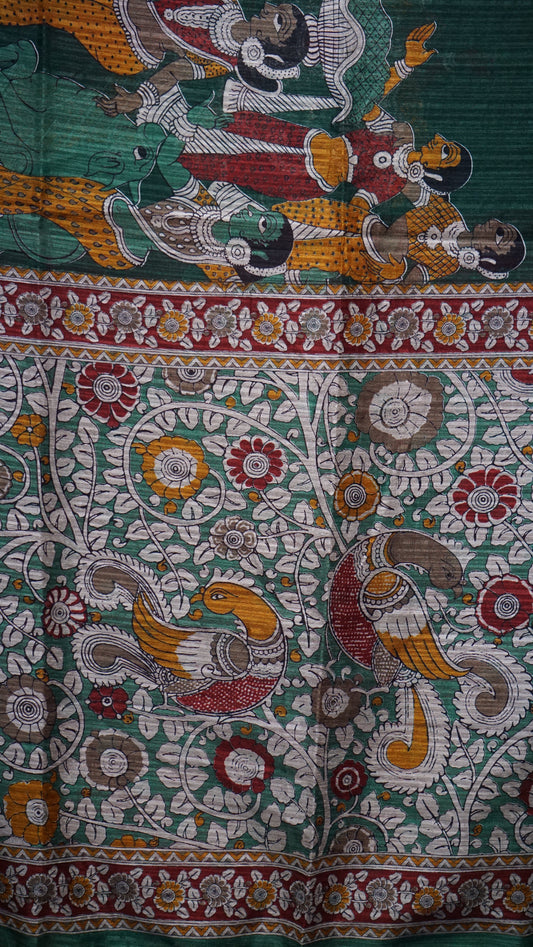 Jute Cotton Saree Kalamkari Print Green