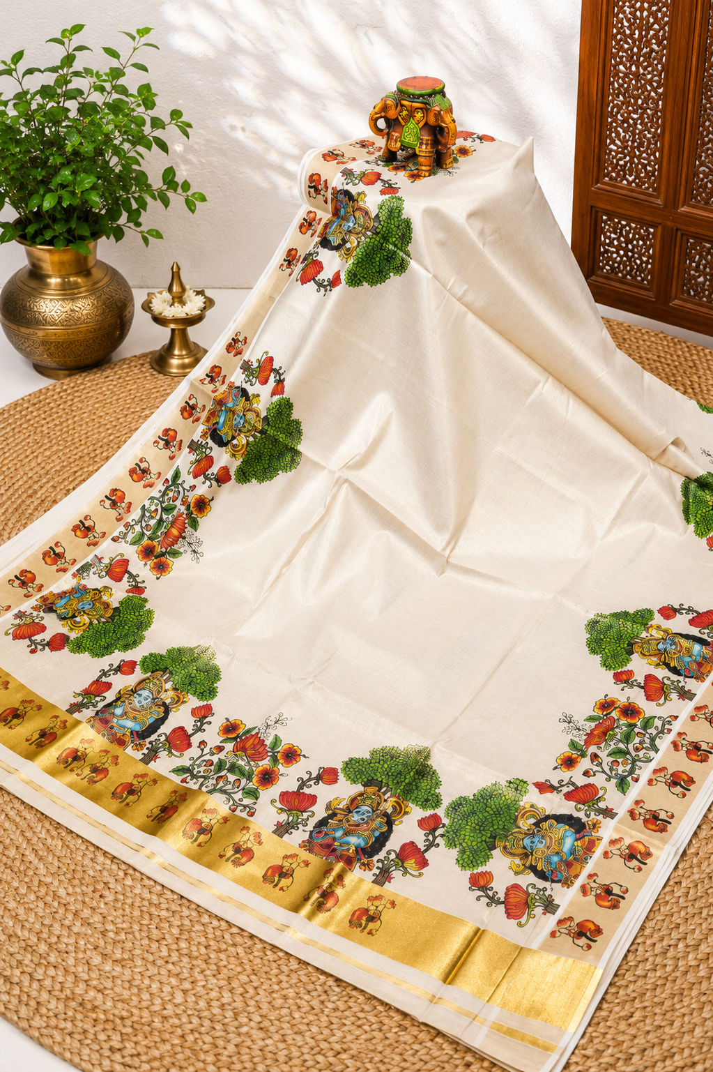 Tissue Saree-Sandal with Krishna Motif